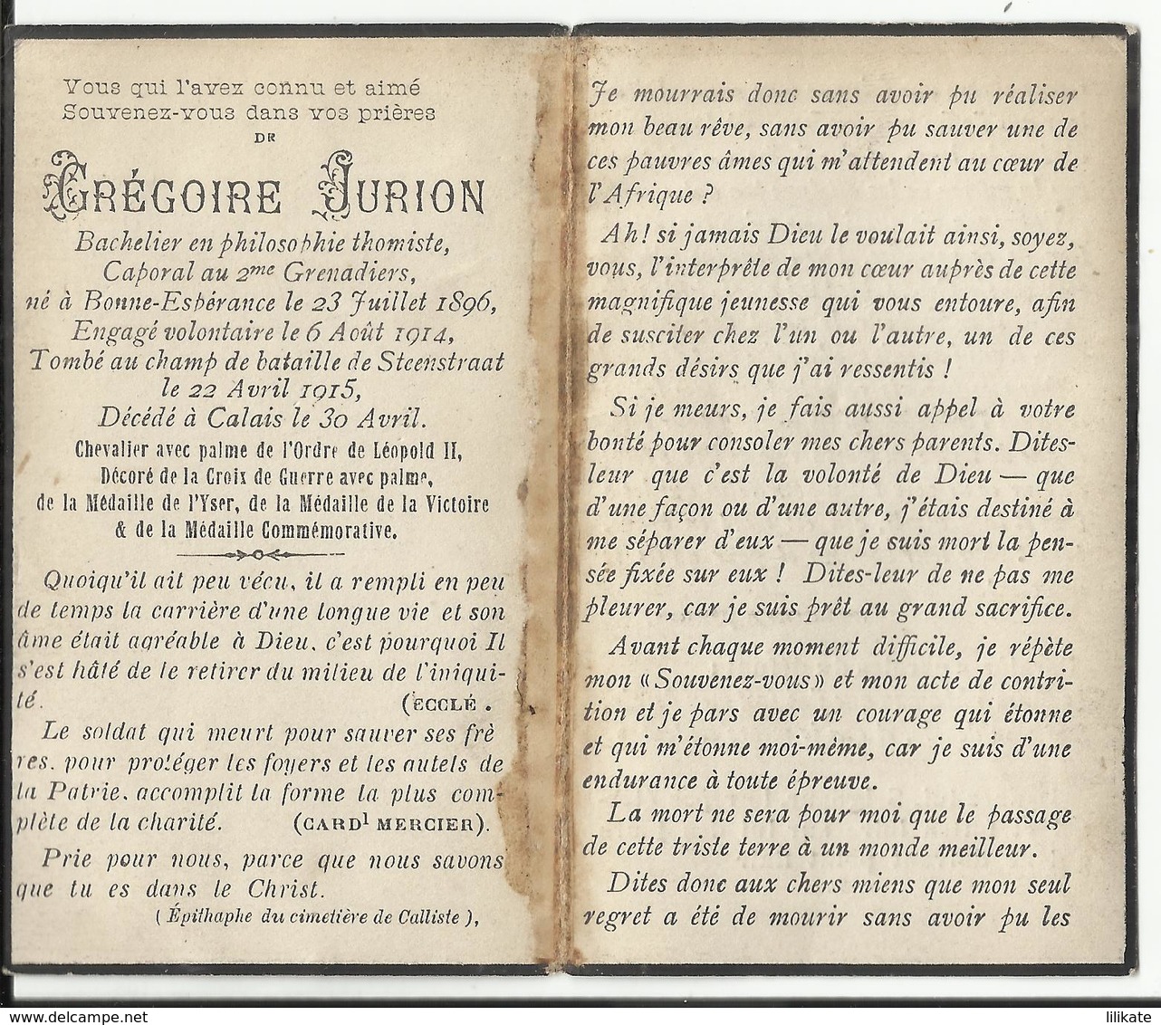 Mortuaire Grégoire Jurion Caporal, Bonne Espérance Le 23-7-1896 Tombé Au Champ D'Honneur Steenstaart 1915 1914-18 - Religion & Esotérisme