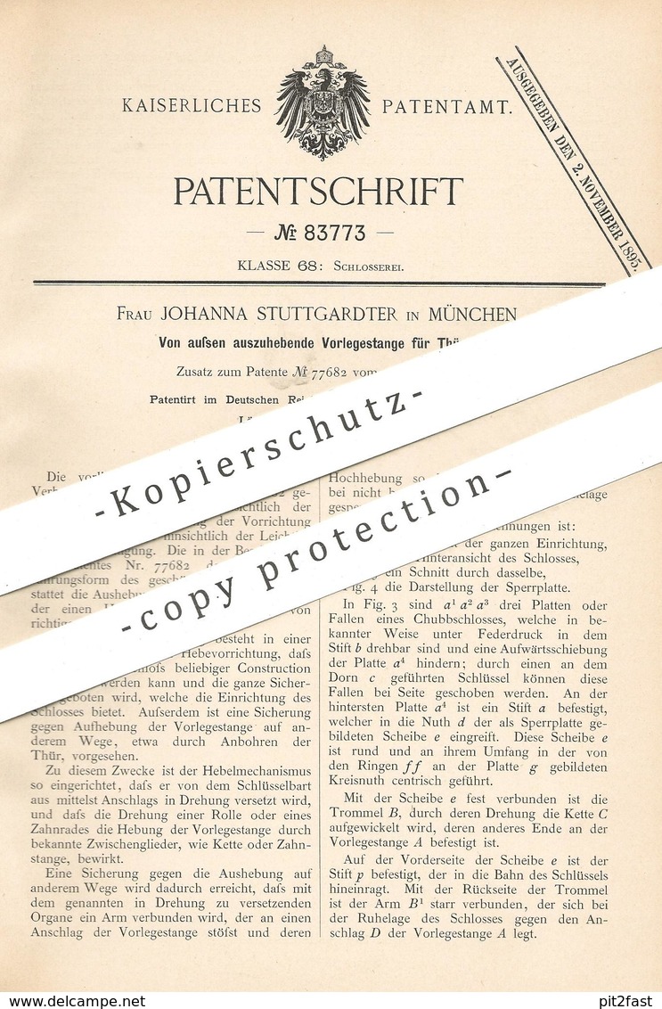 Original Patent - Johanna Stuttgardter , München , 1894 , Vorlegestange Für Türen | Tür , Schloss , Riegel | Schlosser - Historische Dokumente