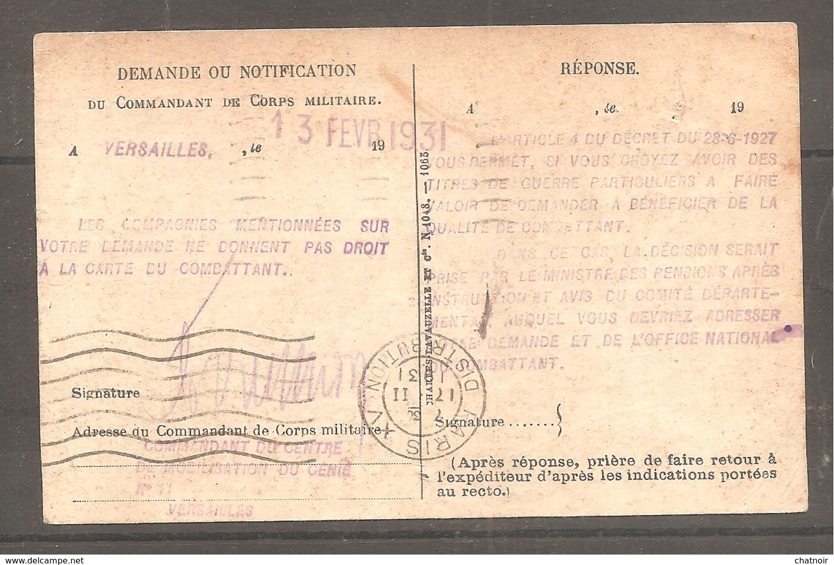 Carte Circulation En Franchise  Service Militaire Cachet Centre Mobilisation Du Genie Oblit  VERSAILLES  Et PARIS 1931 - Dokumente