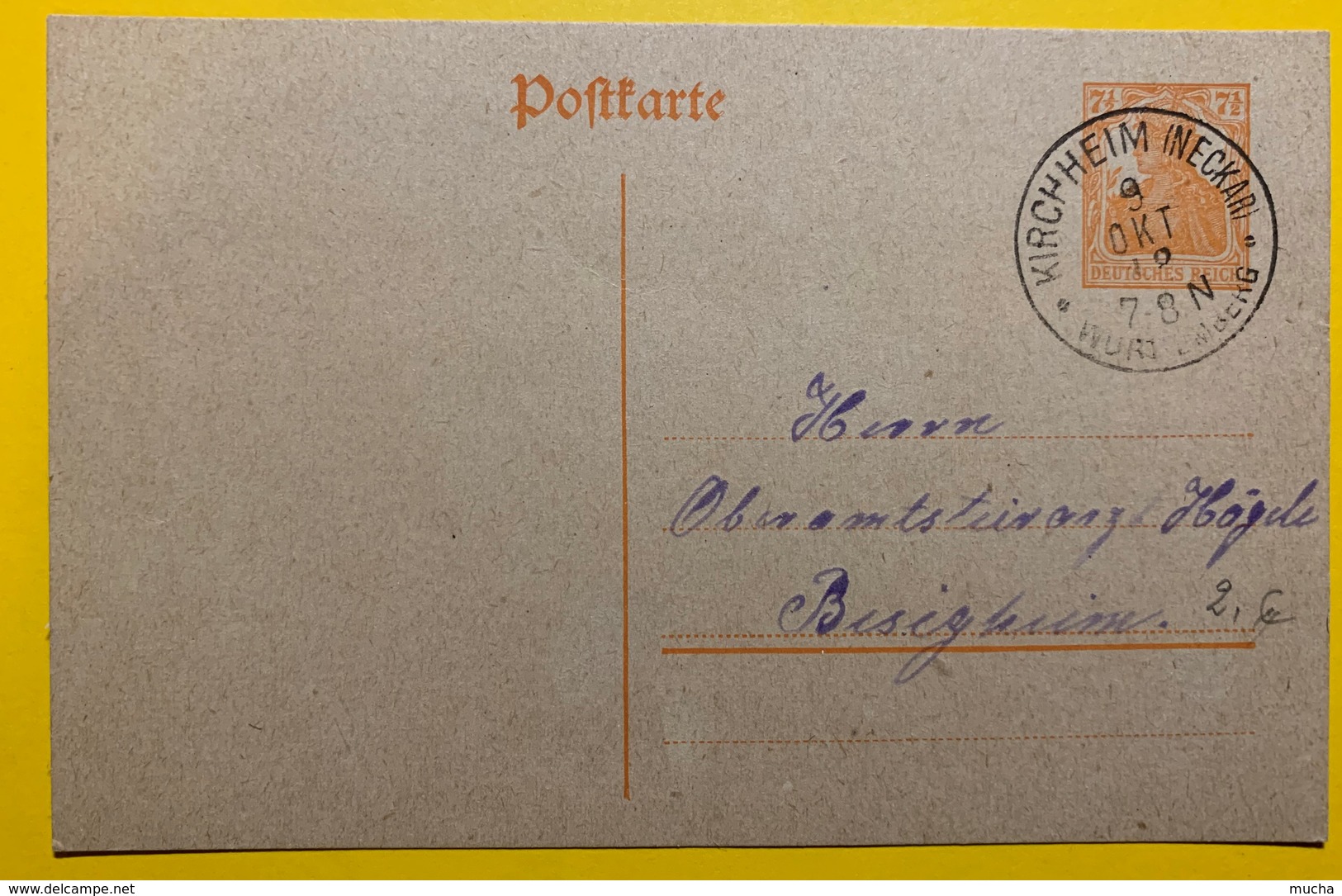9478 -  Entier Postal 7 1/2 Pf Orange Kircheim (Neckar) 09.10.1918 - Sonstige & Ohne Zuordnung