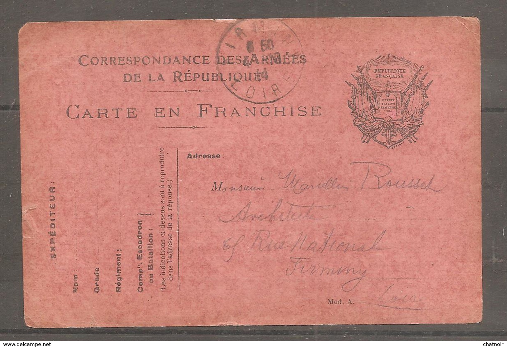 Carte  En Franchise  1914  Oblit  De La LOIRE - 1914-18