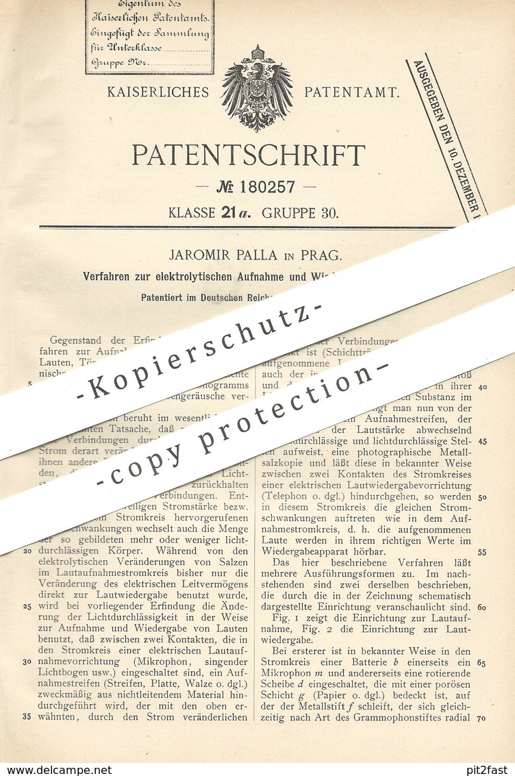 Original Patent - Jaromir Palla , Prag , 1905 , Elektrolytische Aufnahme U. Wiedergabe Von Lauten | Ton , Töne , Telefon - Historische Documenten