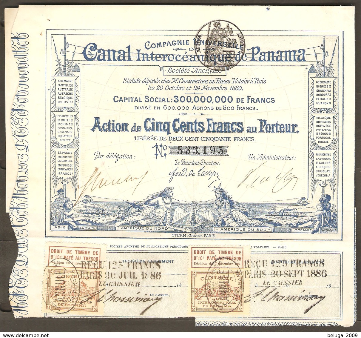 Vintage 1880 Canal Interoceanique De Panama Stock Certificate Ferdinand De Lesseps - Certificat D'actions - Transport