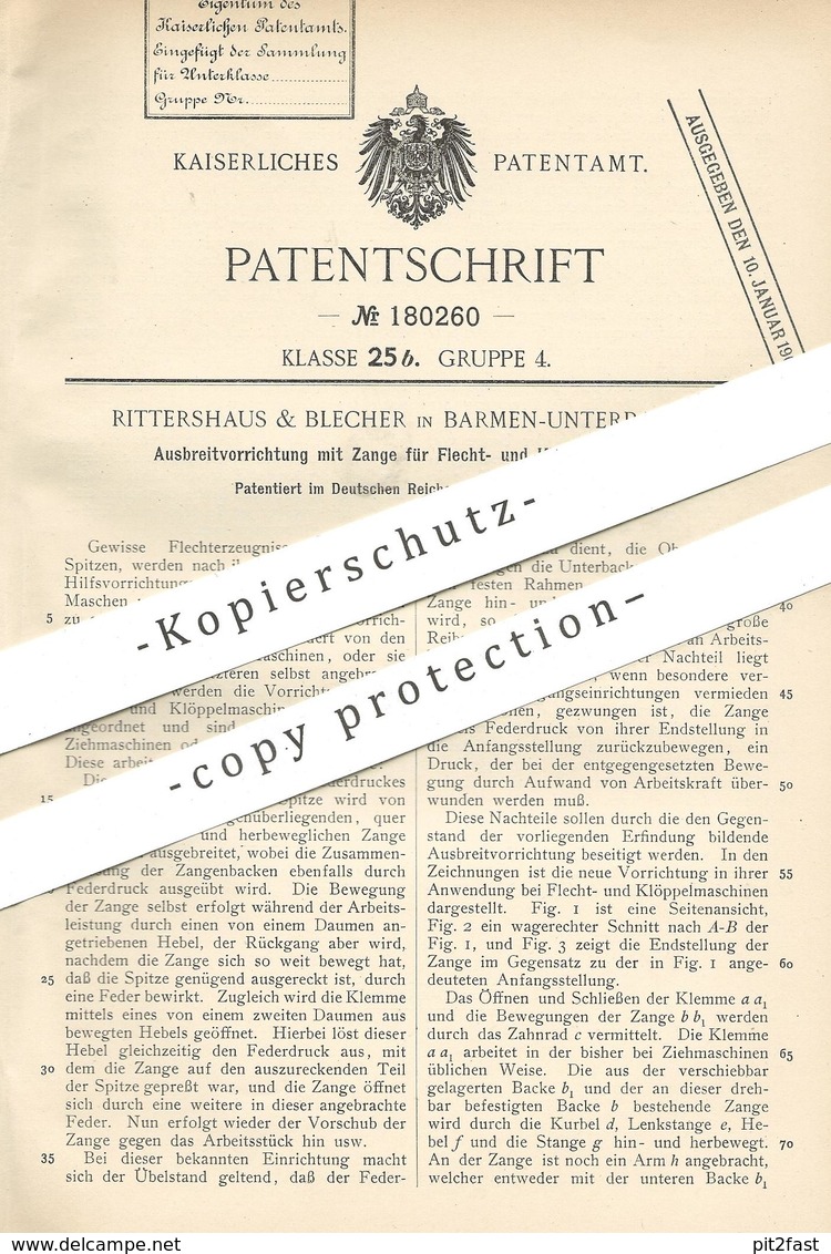 Original Patent - Rittershaus & Blecher , Barmen Unterbarmen 1906 | Ausbreitung Per Zange An Flecht- U. Klöppelmaschine - Historische Dokumente