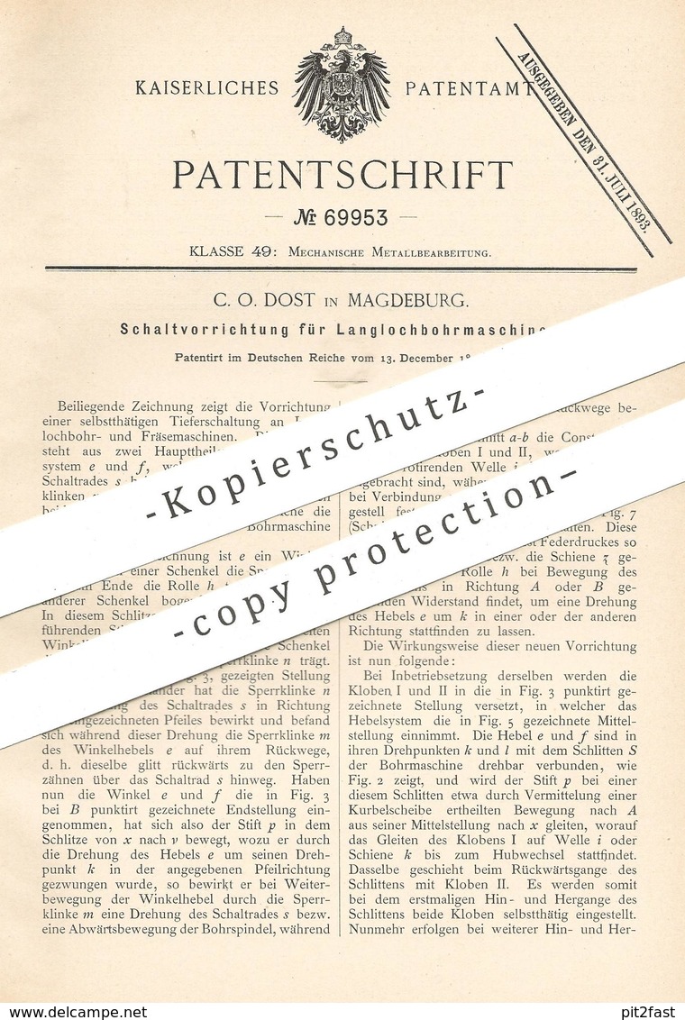 Original Patent - C. O. Dost , Magdeburg , 1892 , Schaltung F. Langbohrmaschine | Bohrmaschine , Fräse | Bohren , Fräsen - Historische Dokumente