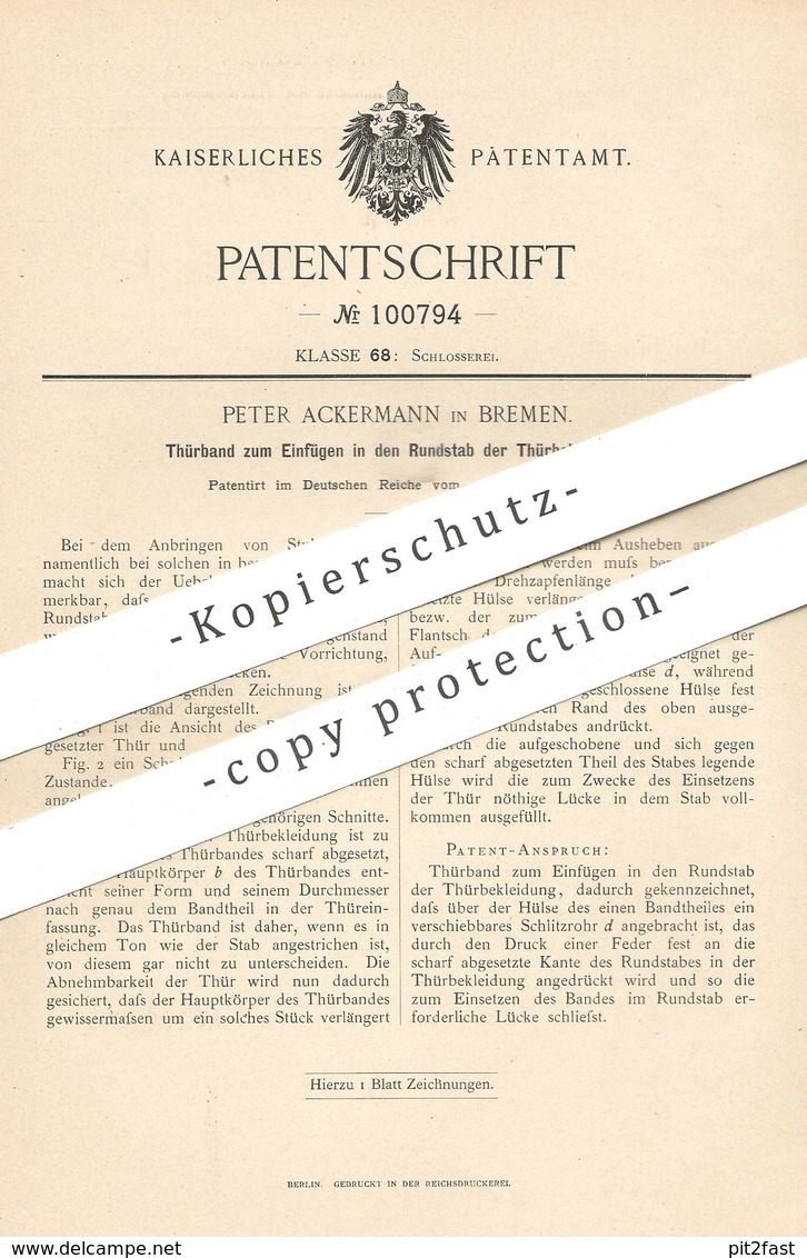 Original Patent - Peter Ackermann , Bremen , 1898 , Türband | Türbänder | Tür , Türen , Schlosser , Schloss - Historische Dokumente