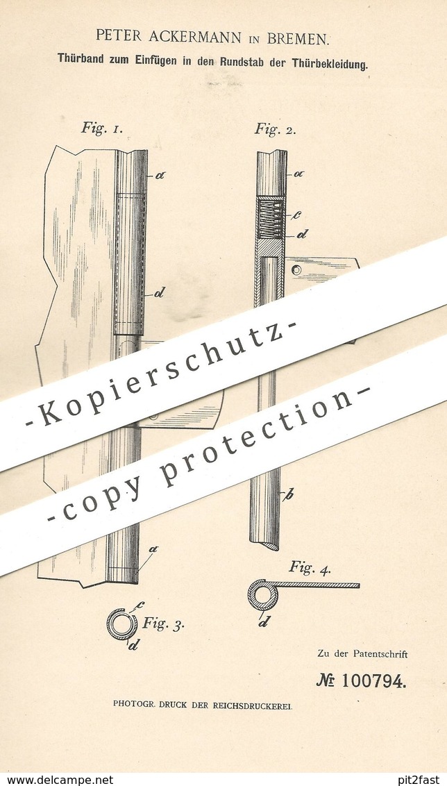 Original Patent - Peter Ackermann , Bremen , 1898 , Türband | Türbänder | Tür , Türen , Schlosser , Schloss - Historical Documents