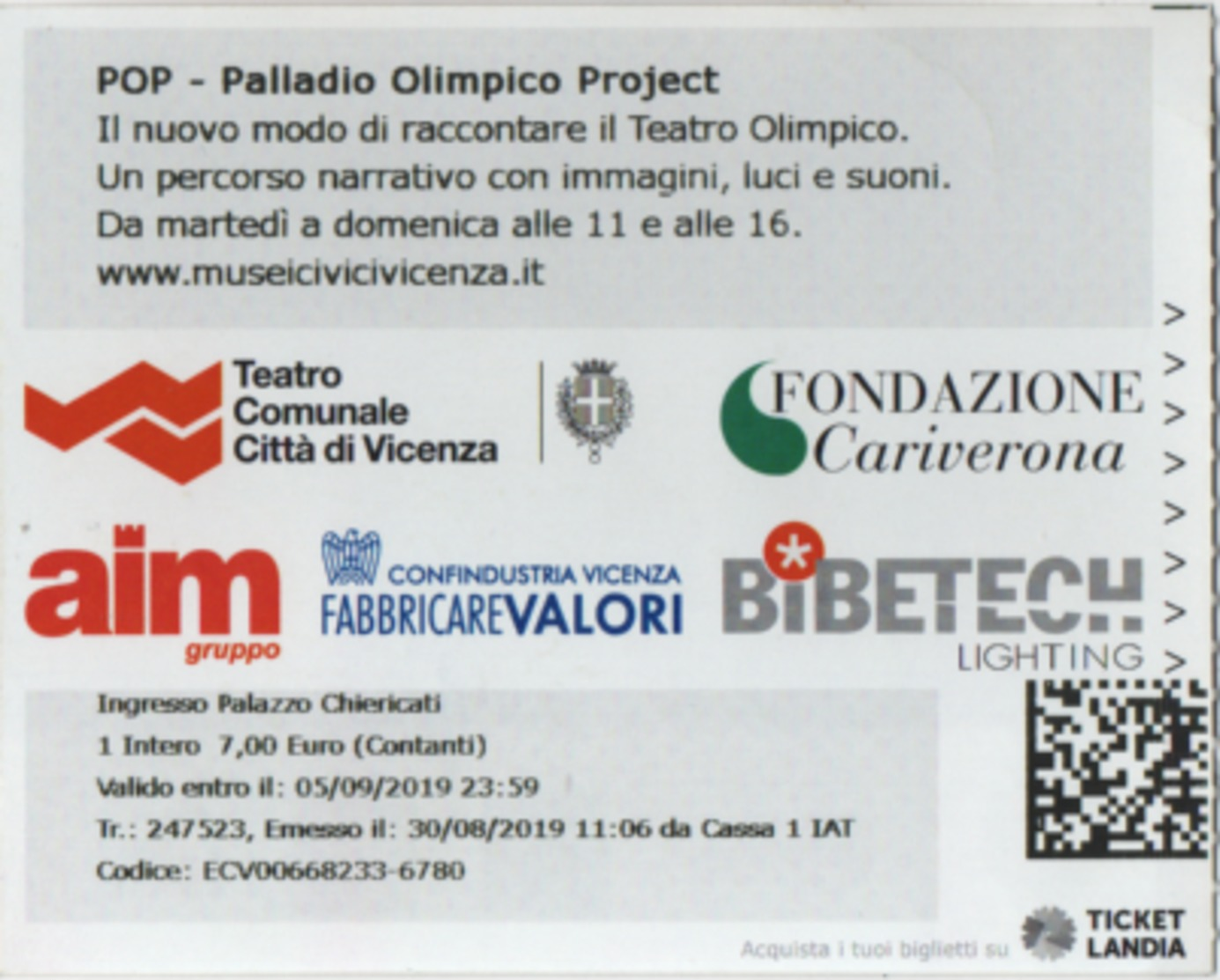 Biglietto D'ingresso Ai Musei Di Vicenza, Teatro Olimpico - Tickets - Entradas