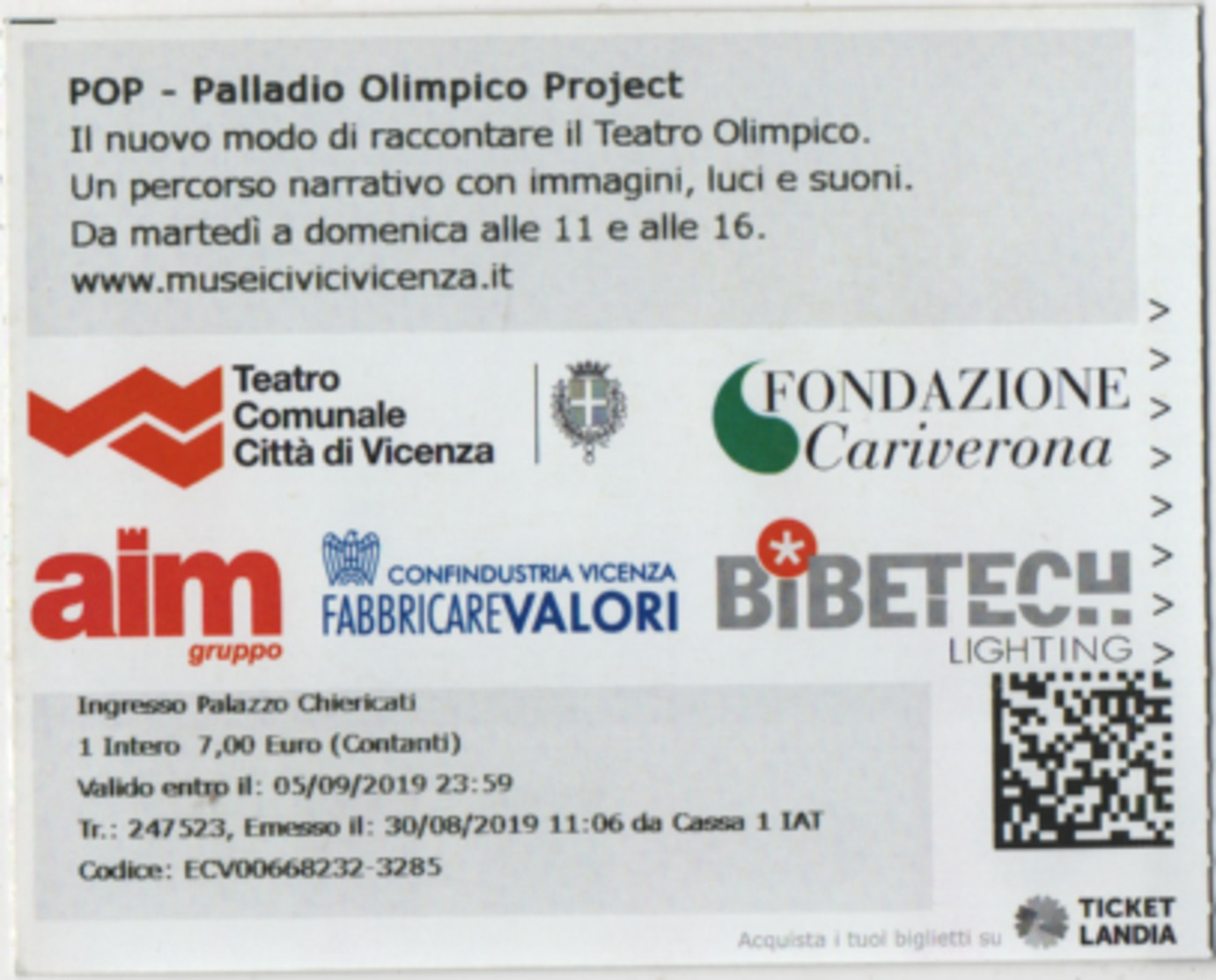 Biglietto D'ingresso Ai Musei Di Vicenza, Museo Civico Palazzo Chiericati, Sala Di San Bartolomeo - Tickets - Vouchers