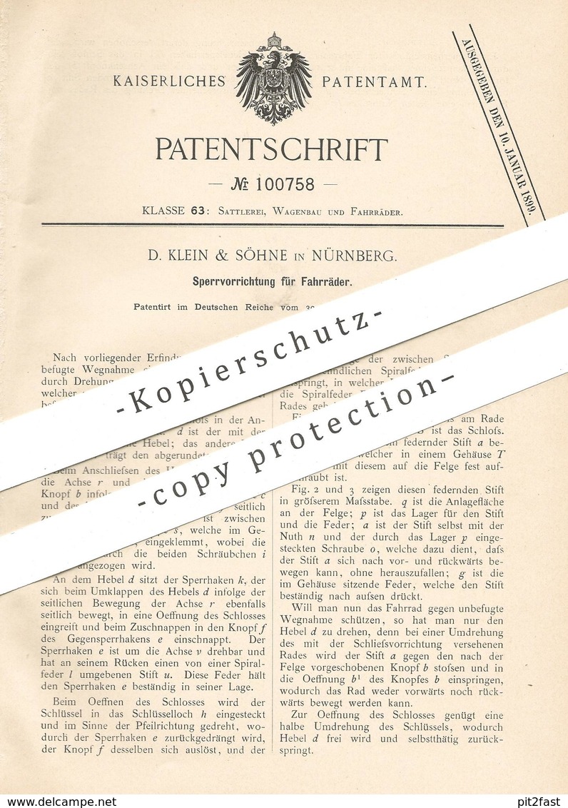 Original Patent - D. Klein & Söhne , Nürnberg 1897 , Sperrvorrichtung Für Fahrräder | Fahrrad - Schloss | Fahrradschloss - Historische Dokumente