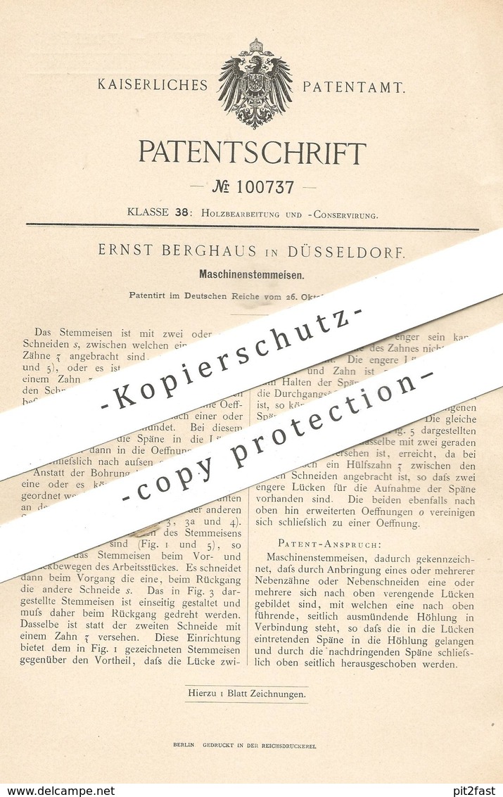 Original Patent - Ernst Berghaus , Düsseldorf  1897 , Maschinenstemmeisen | Maschinen Stemmeisen | Holz , Meißel , Hobel - Historische Dokumente