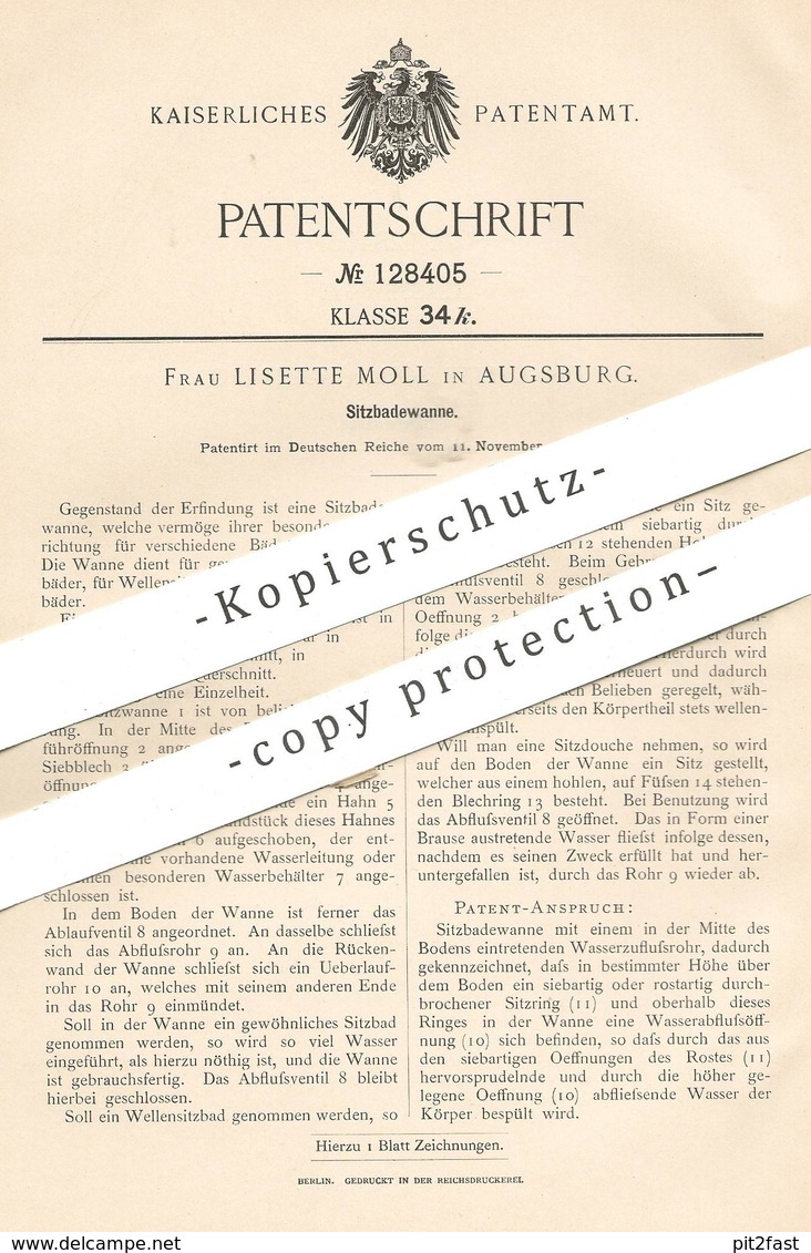 Original Patent - Lisette Moll , Augsburg , 1900 , Sitzbadewanne | Badewanne , Dusche , Wanne , Bad , Bäder !! - Historische Dokumente