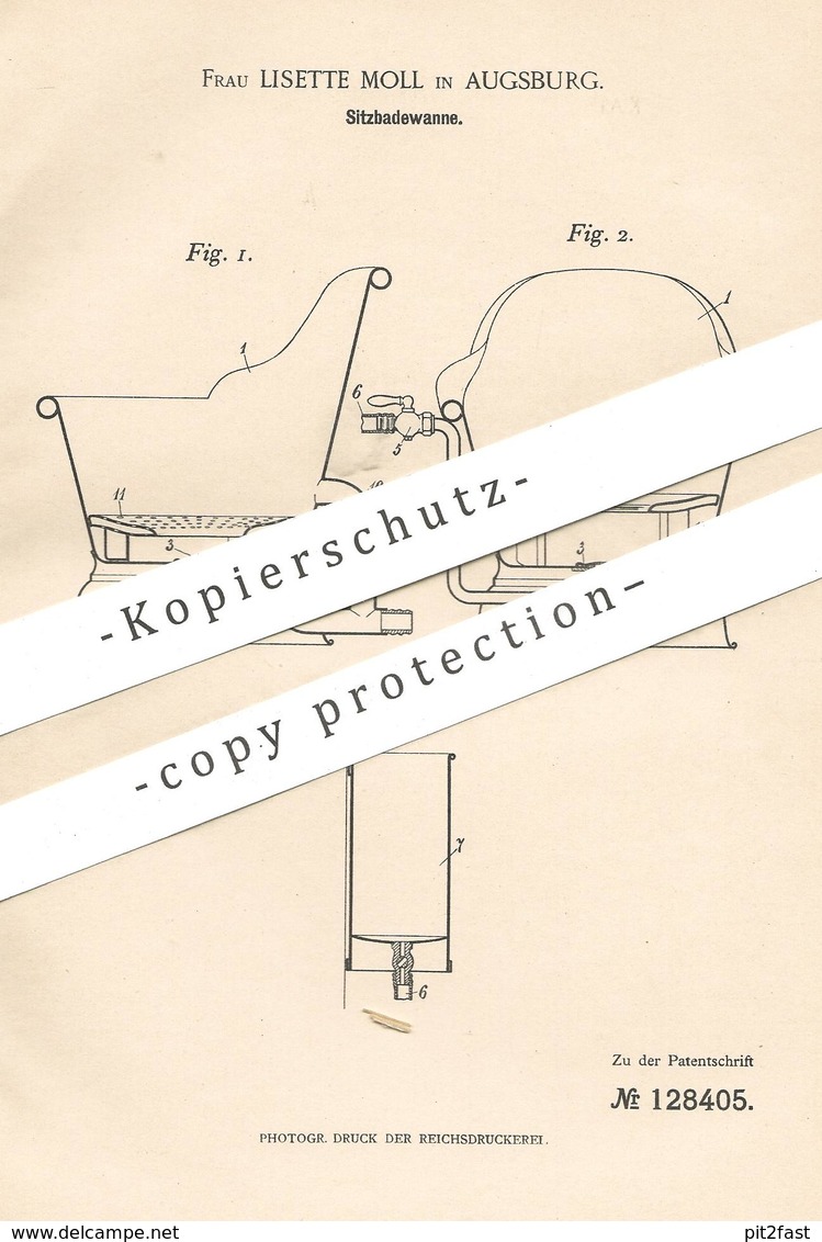 Original Patent - Lisette Moll , Augsburg , 1900 , Sitzbadewanne | Badewanne , Dusche , Wanne , Bad , Bäder !! - Historische Dokumente