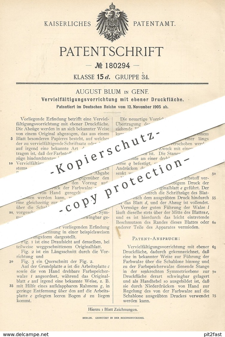 Original Patent - August Blum , Genf , 1905 , Vervielfältigung Durch Ebene Druckfläche | Druck , Kopie , Druckerei !!! - Historische Dokumente