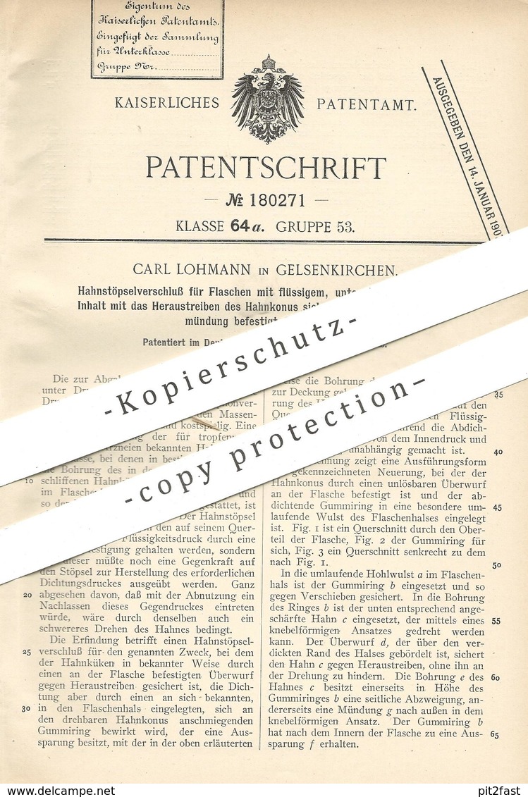 Original Patent - Carl Lohmann , Gelsenkirchen , 1906 , Hahnstöpselverschluss F. Flasche | Gas , Gasflasche , Verschluss - Historische Dokumente