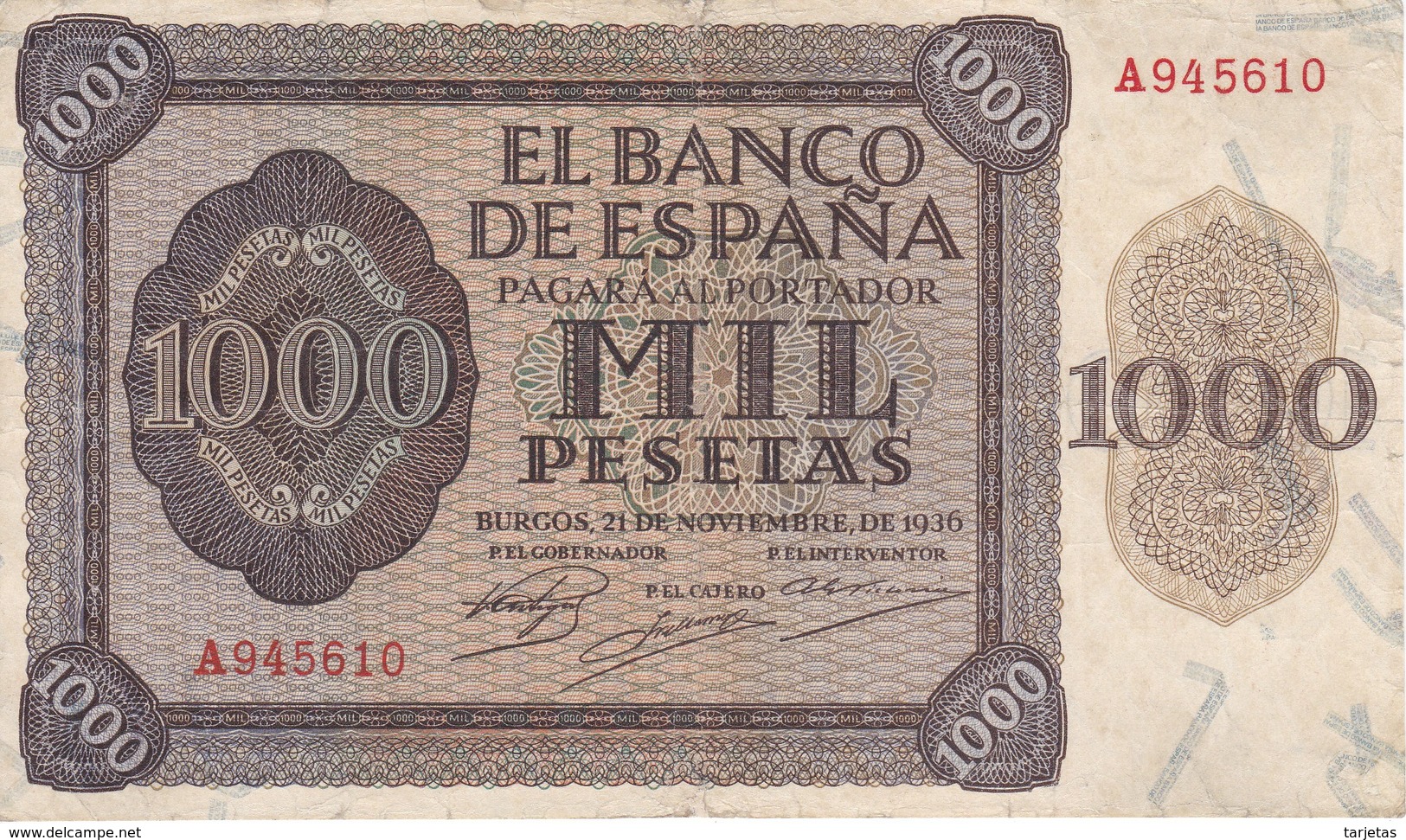 BILLETE DE ESPAÑA DE 1000 PTAS DEL AÑO 1936 DE BURGOS SERIE A EN BUENA CALIDAD  (DIFÍCIL Y RARO) - 1000 Peseten