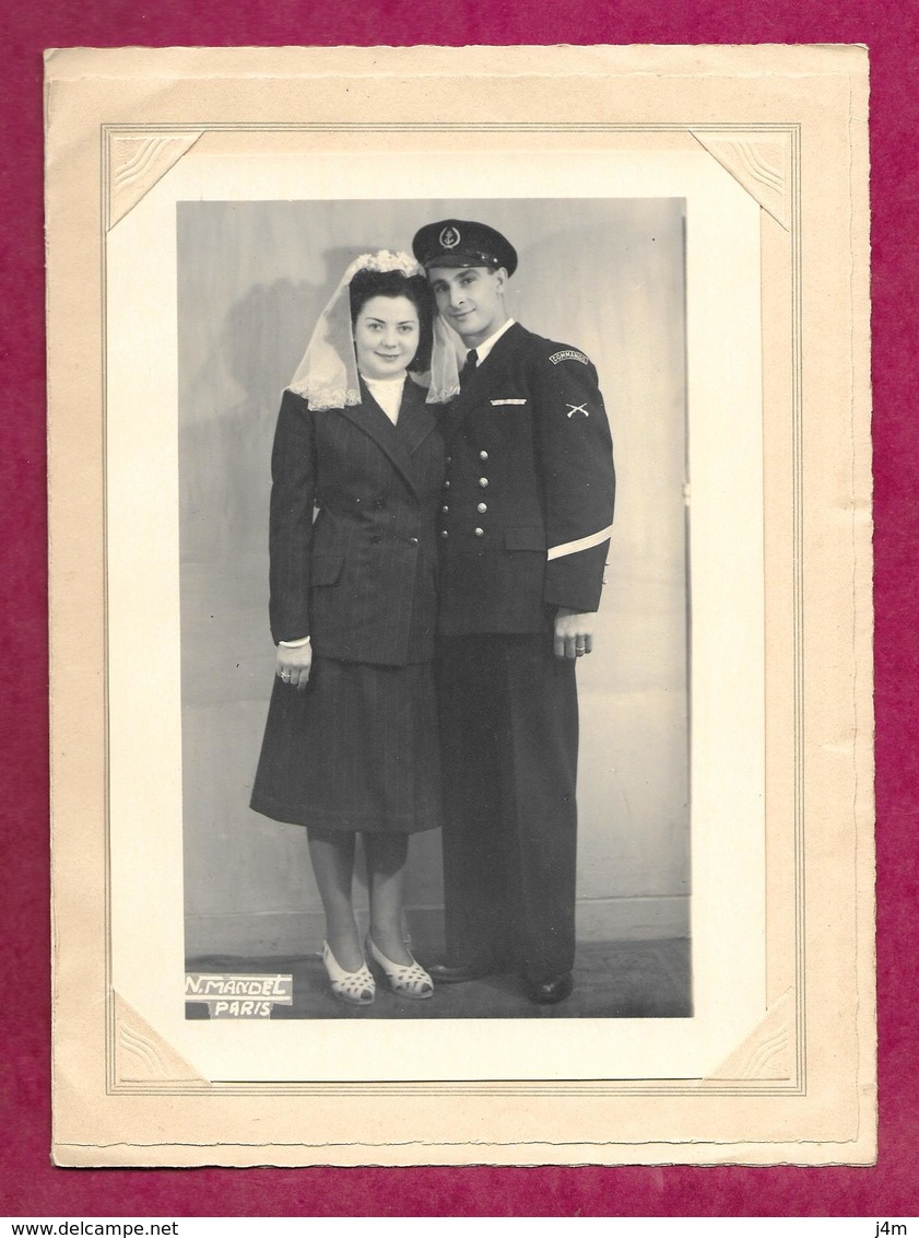 Grande PHOTO N. MANDEL à PARIS 6e...MARIAGE..COUPLE, FEMME, MILITAIRE COMMANDO De MARINE..HOUECOURT (88) 1949...2 Scans - Krieg, Militär