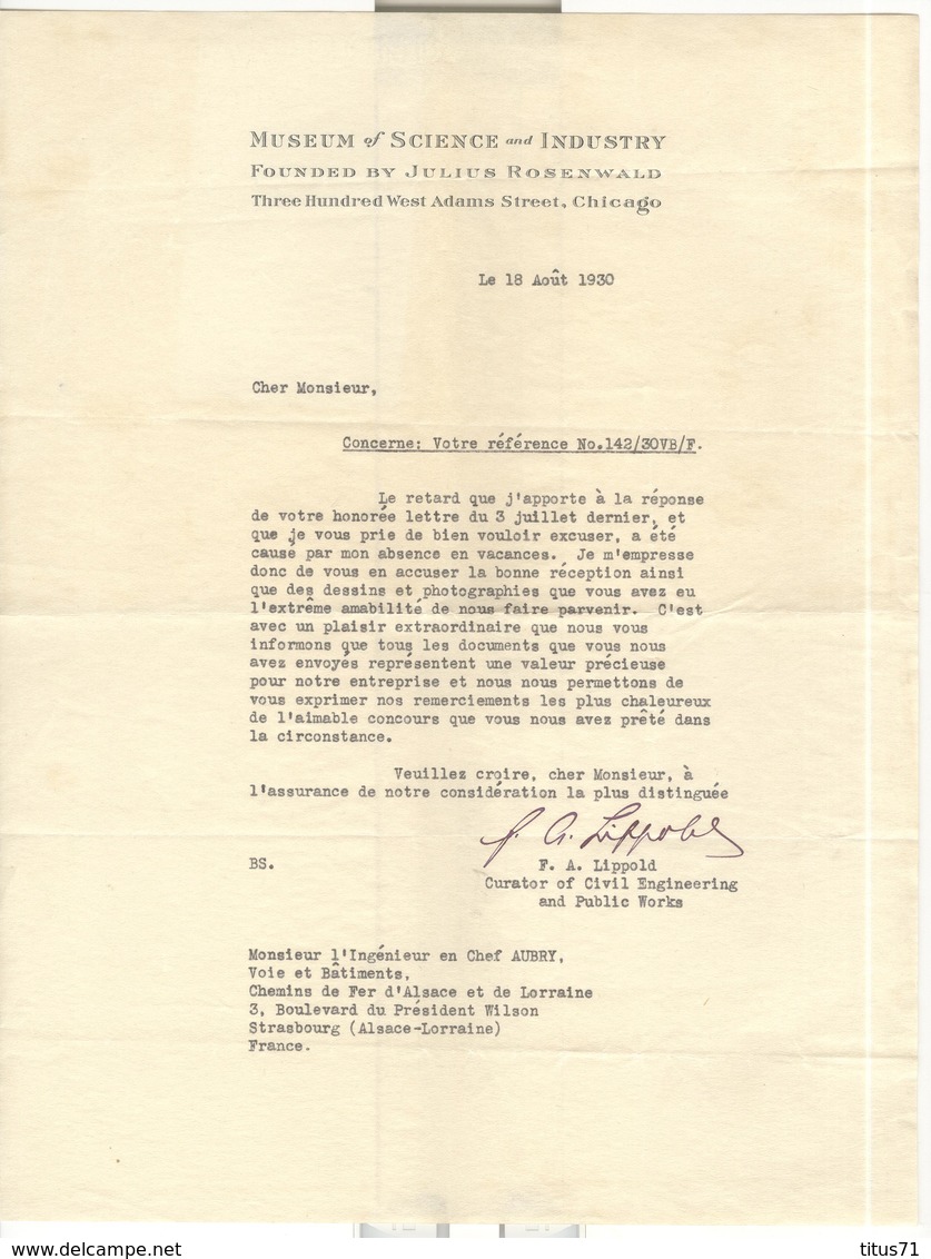 Courrier " Museum Of Science And Industry - Remerciement Pour Un Don " - 18 Août 1930 - Etats-Unis