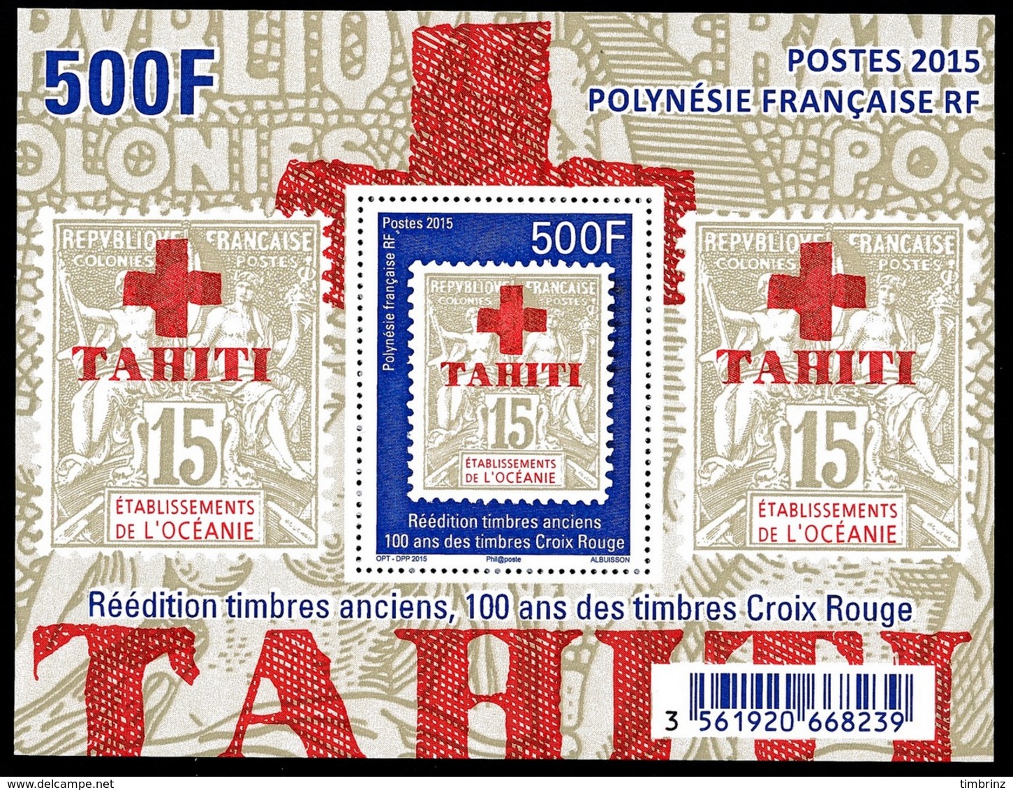 POLYNESIE 2015 - Yv. BF 43 (1094) **  - Timbre Sur Timbre. Croix-Rouge  ..Réf.POL25007 - Blocks & Kleinbögen