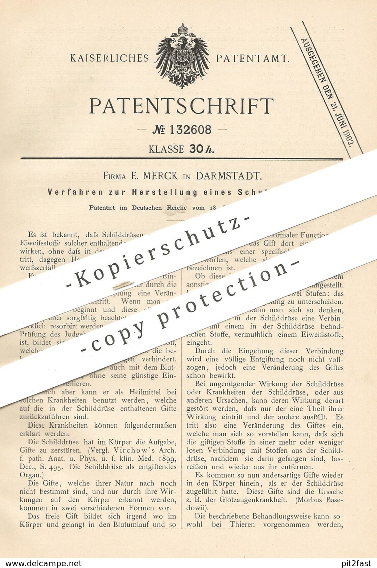 Original Patent - E. Merck , Darmstadt , 1900 , Herstellung Von Schutzserum | Serum | Schilddrüse , Medizin , Medikament - Historische Dokumente