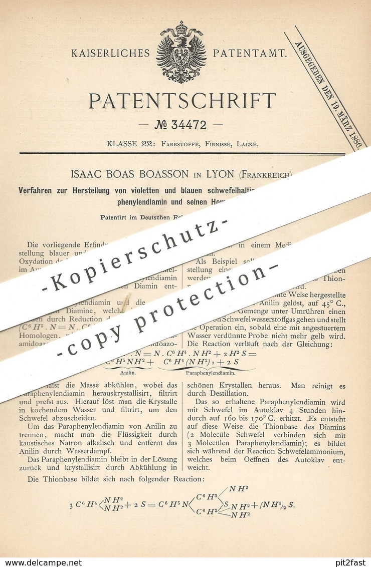 Original Patent - Isaac Boas Boasson , Lyon , Frankreich | Schwefelhaltige Farbstoffe Aus Paraphenylendiamin | Farbe - Historische Dokumente