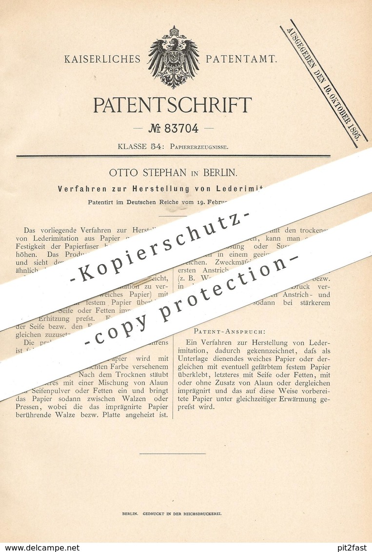 Original Patent - Otto Stephan , Berlin , 1895 , Herstellung Von Lederimitation | Leder , Papier | Papierfasern !! - Historische Dokumente