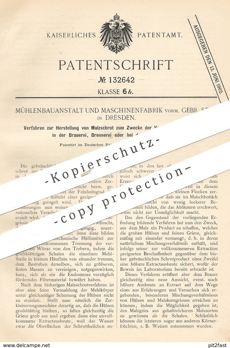 Original Patent - Mühlenbauanstalt & Maschinenfabrik Vorm. Gebr. Seck Dresden  1900 | Malzschrot F. Brauerei , Brennerei - Historical Documents