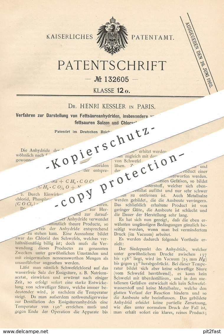 Original Patent - Dr. Henri Kessler , Paris , Frankreich , 1900 , Darstellung Von Fettsäureanhydrid | Salze , Schwefel - Historische Dokumente