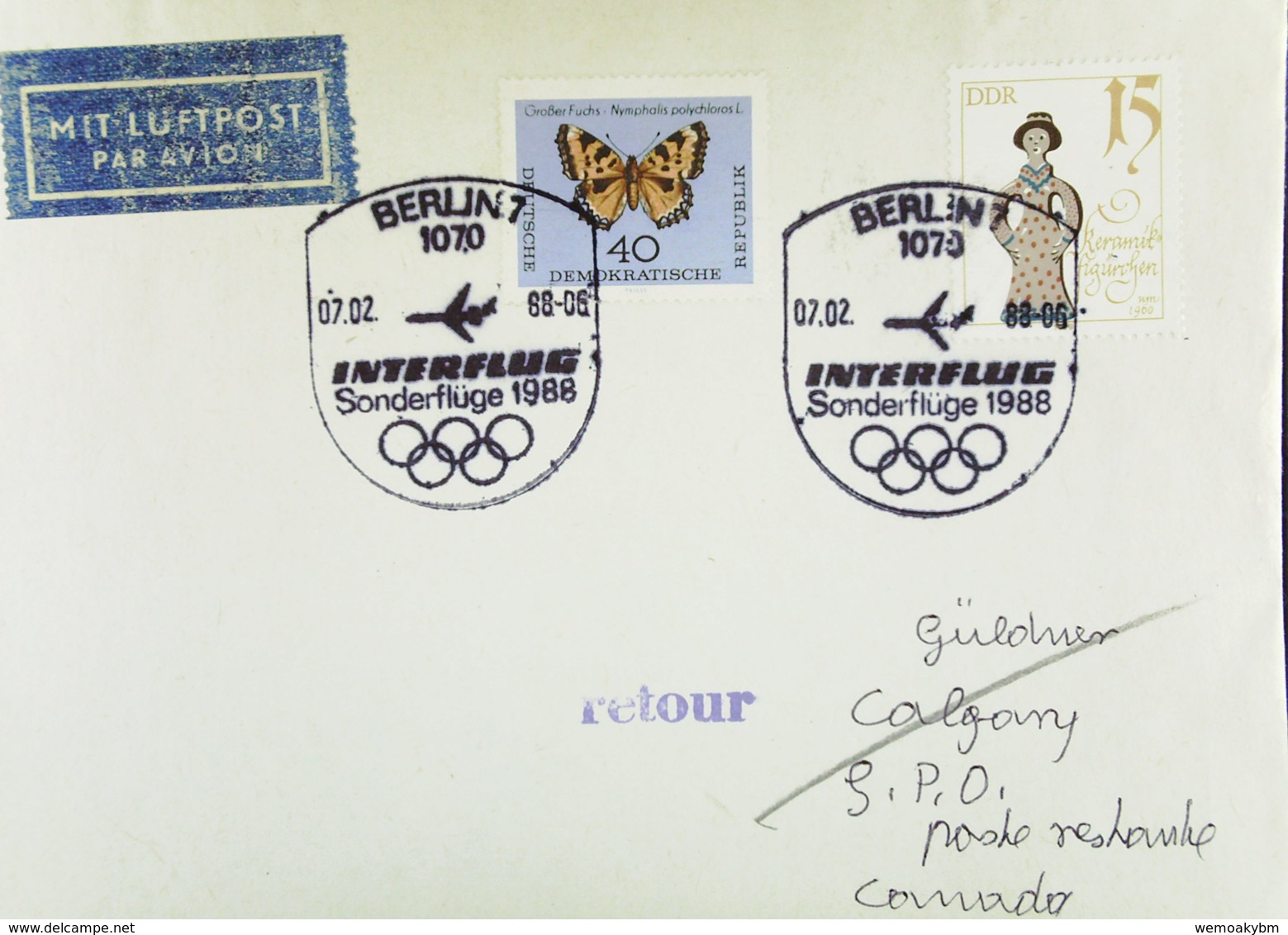 DDR: LP-Brf Zu Den Olymp. Spielen1988 Calgary Mit So-Stpl 1070 Berlin 7.2.88 -Letzte Teiln. Einer DDR-Mannsch. An Winter - Correo Aéreo