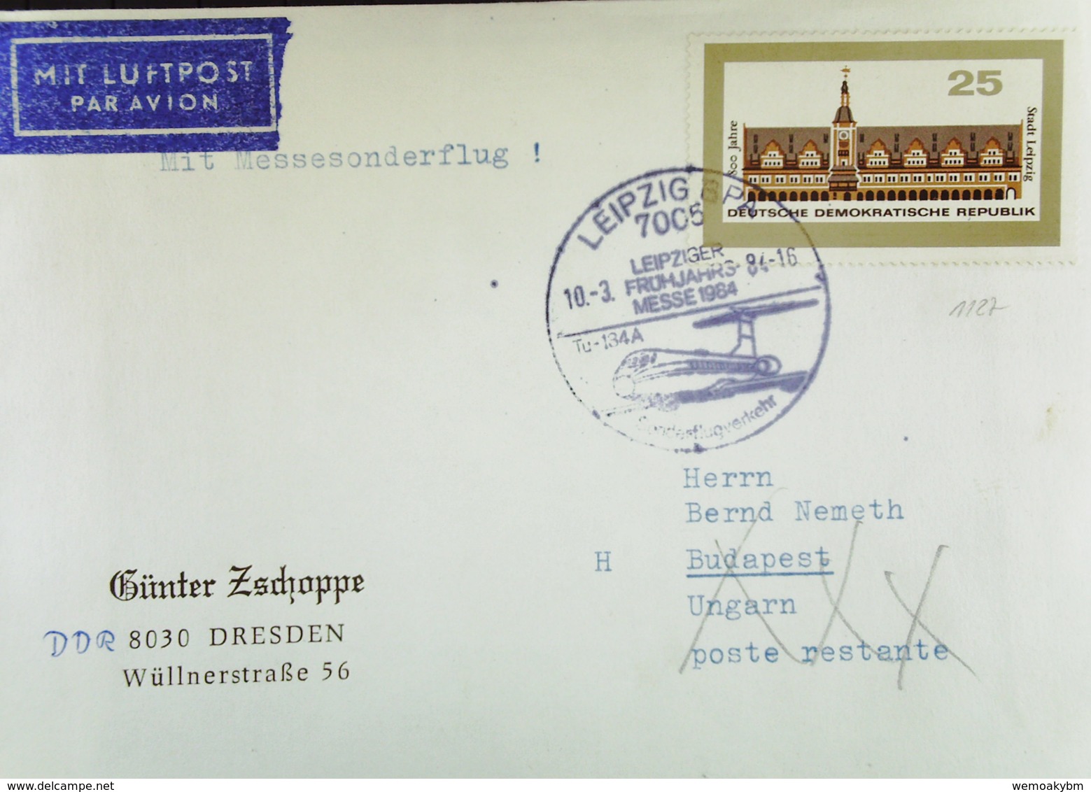 DDR: LP-Brief Mit 25 Pf INTERMESS III Mit So-Stpl LEIPZIG 7005 Für Den Messe-Sonderflug Nach Budapest Vom 10.3.84 - Airmail