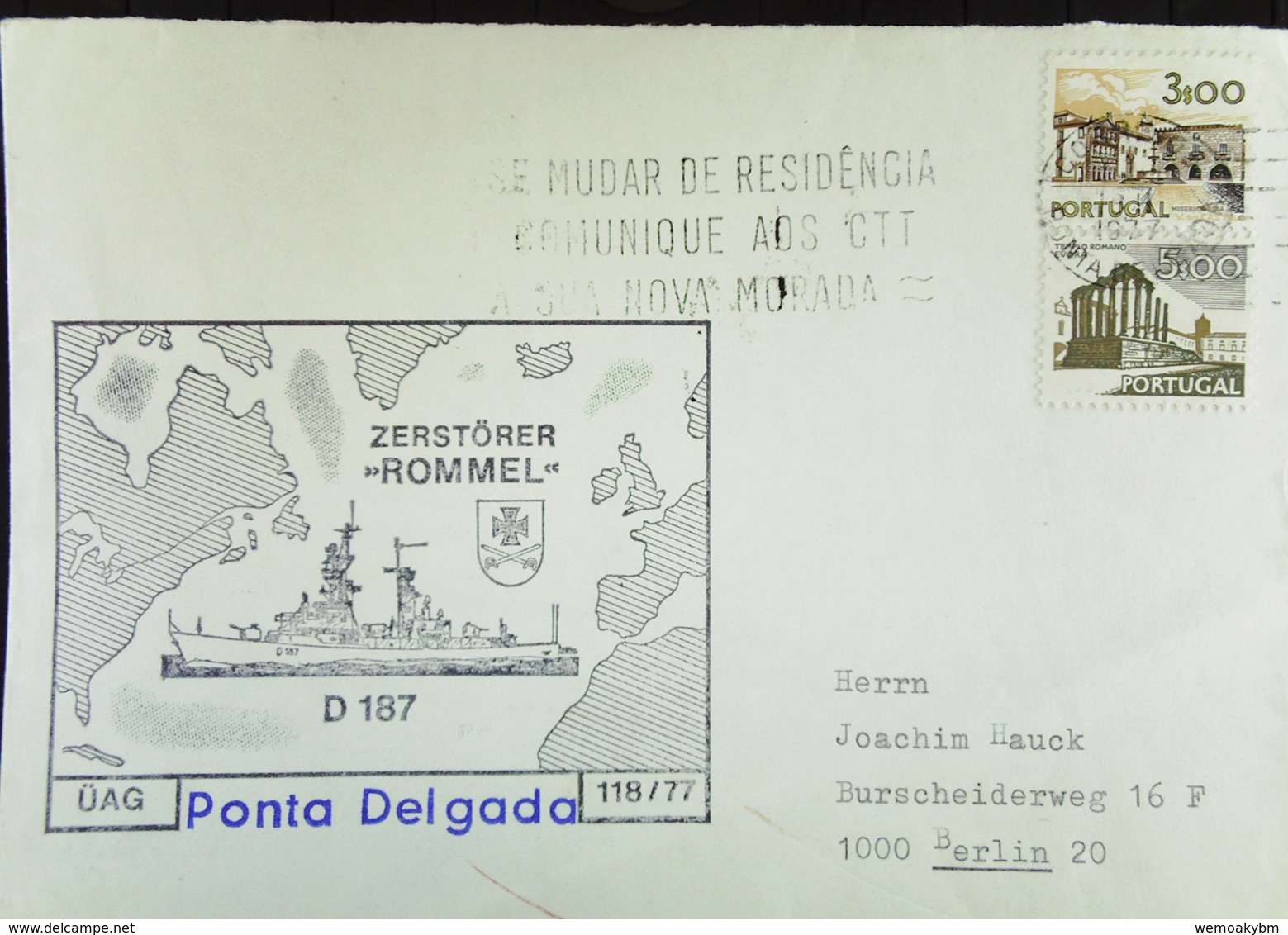 NOR: Brief Aus Portugal Mit Zusatz-Stempel Zerstörer "Rommel" -Ponta Delgada- Nach Berlin - Briefe U. Dokumente