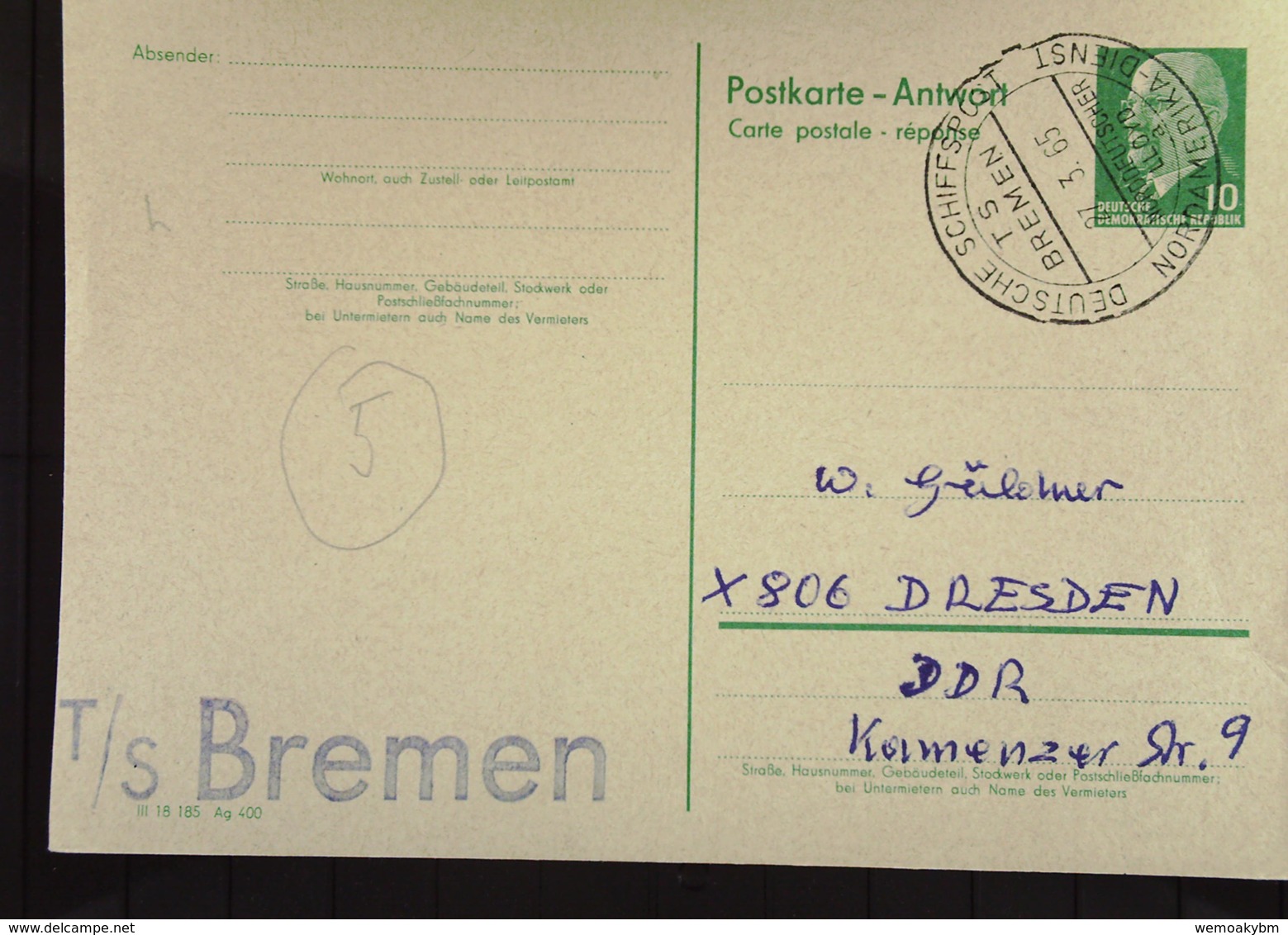 DDR: Schiffspost TS Bremen Gs-Antwortkarte Mit 10 Pf Ulbricht Mit Vio. GummiStpl. 27.3.65 -saubere Beleg- Knr: P 73/A - Maritime Post