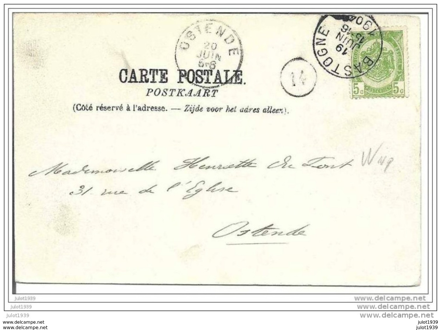 -30% . BASTOGNE ..-- Route De NEUFCHATEAU . 1904 Vers OSTENDE ( Melle Henriette DE PONT ) .  Voir Verso . - Bastogne