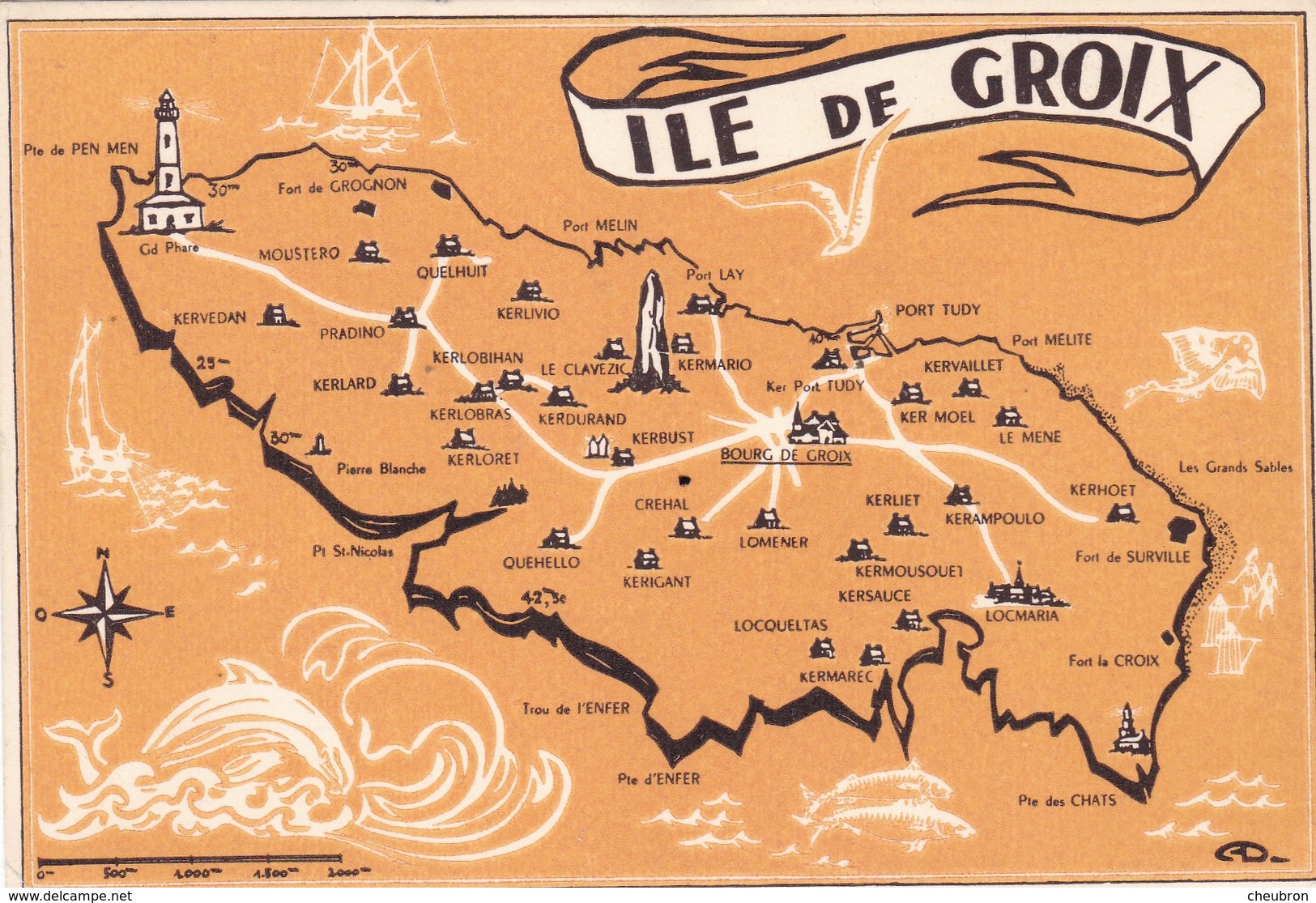 56. ILE DE GROIX . RARETÉ. CARTE GÉOGRAPHIQUE ILLUSTRÉE AVEC LES NOMS DES DIFFÉRENTS LIEUX ET MAISONS - Groix