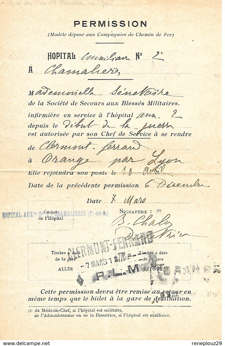 63-cachet Hôpital Aux N°2 De Chamalières  Sur Permission Pour Une Infirmière En 14/18 - 1. Weltkrieg 1914-1918