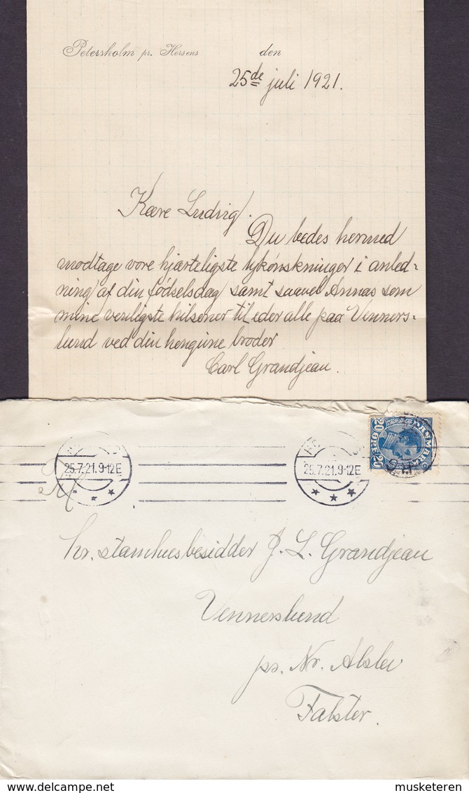 Denmark PETERSHOLM Pr. Horsens Stjernestempel Star Cds. EGEBJERG Pr. HORSENS 1921 Cover Brief Nr. ALSLEV Falster - Storia Postale