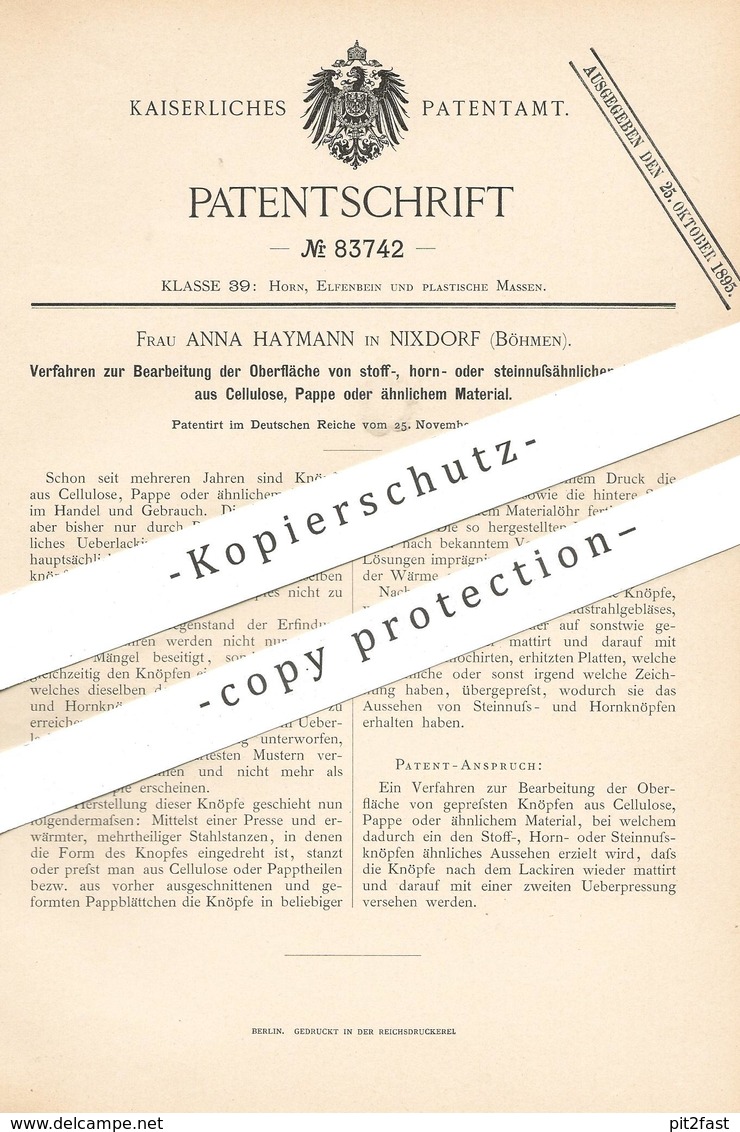 Original Patent - Anna Haymann , Nixdorf , Böhmen , 1894 , Bearbeitung Der Oberfläche Der Knöpfe | Stoff , Horn | Knopf - Historische Dokumente