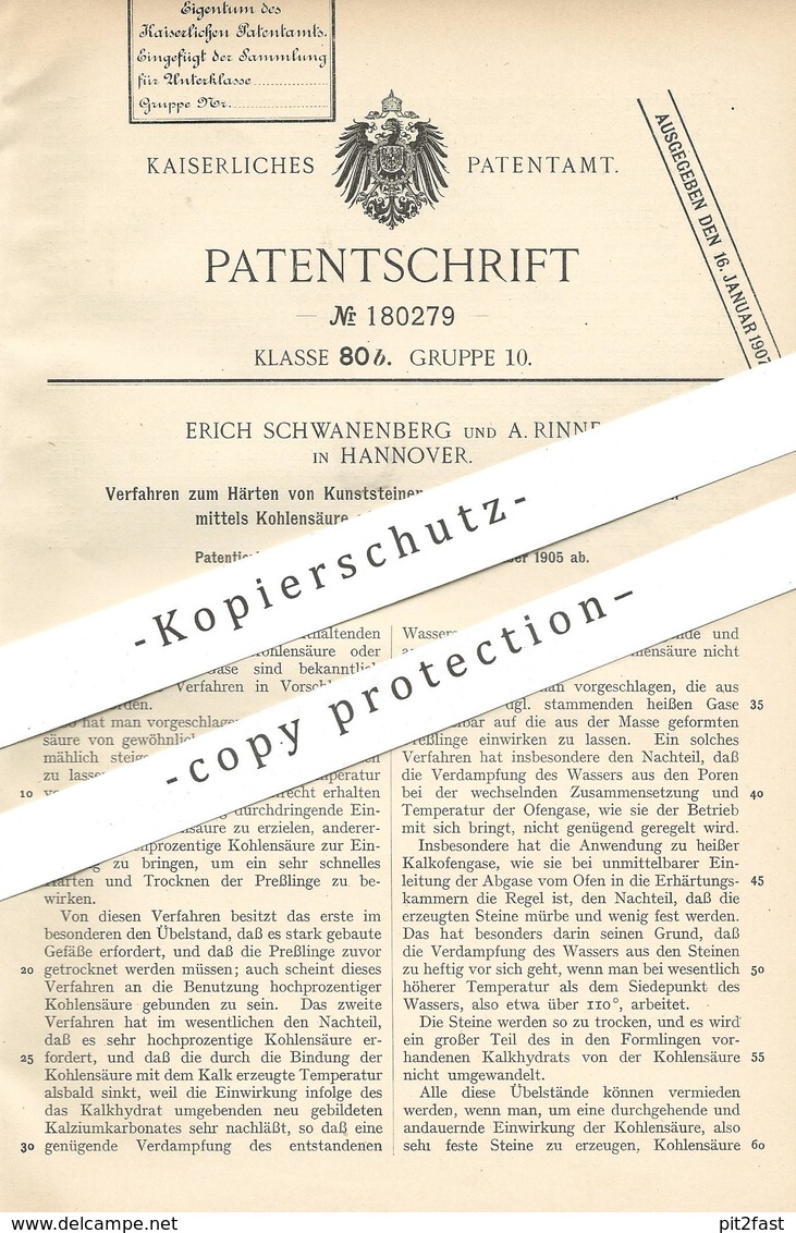 Original Patent - Erich Schwanenberg , A. Rinne , Hannover , 1905 , Härten Von Kunststein Aus Kalkhydrat Per Kohlensäure - Historische Dokumente