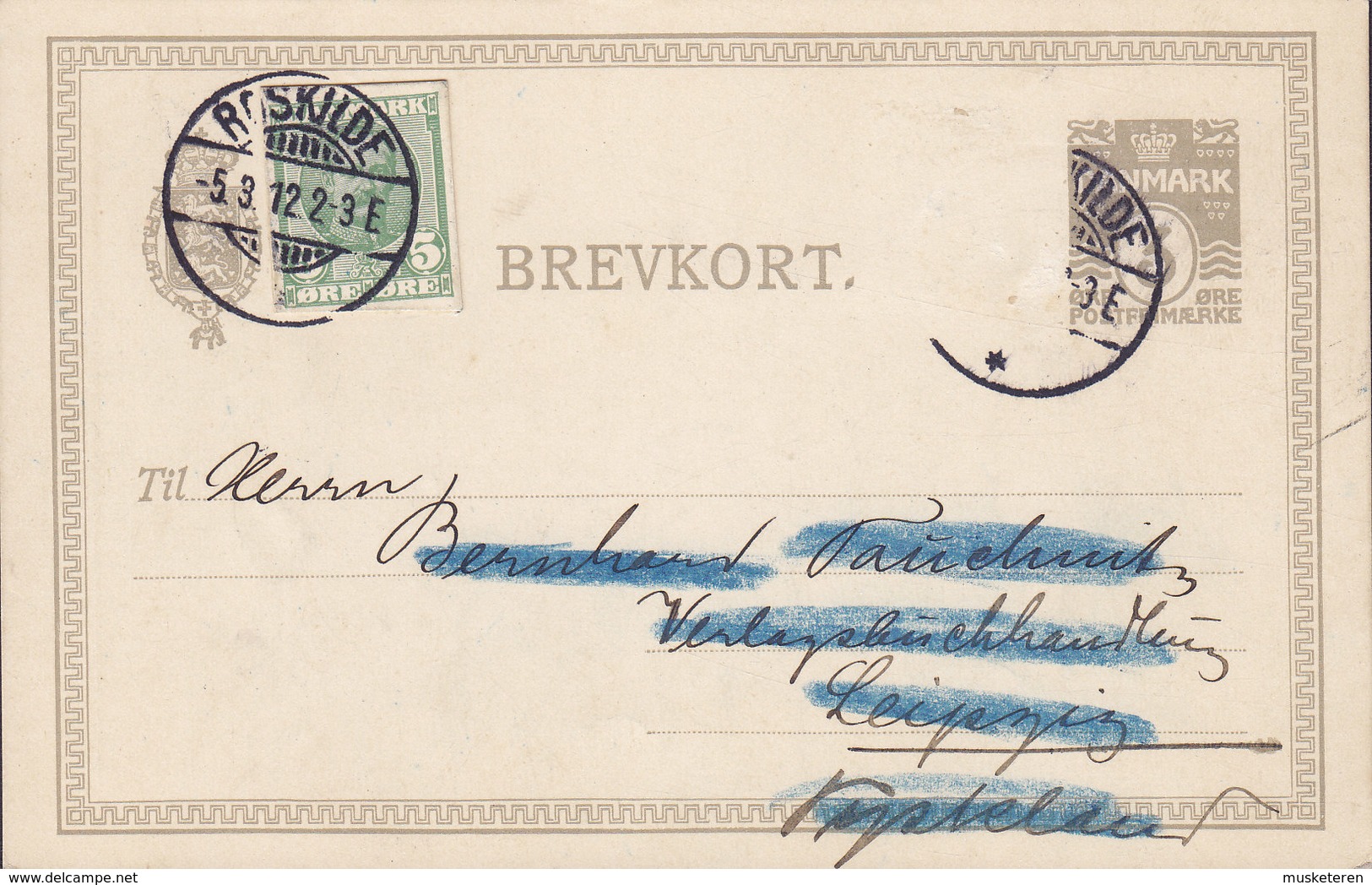 Denmark Uprated Postal Stationery Ganzsache W. Cutout From Stationery Brotype Ia ROSKILDE 1912 LEIPZIG Germany (2 Scans) - Interi Postali