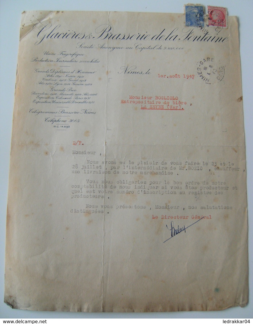 Lettre Glacières Et Brasserie De La Fontaine Nîmes 1947 Timbre 4,50 Frs 1 Frs - 1900 – 1949