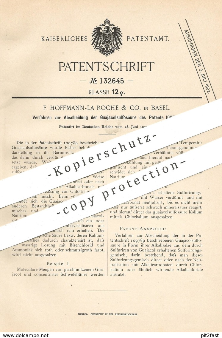 Original Patent - F. Hoffmann La Roche & Co. , Basel , Schweiz , 1900 , Abscheidung Der Guajacolsulfosäure | Guajacol - Historische Dokumente