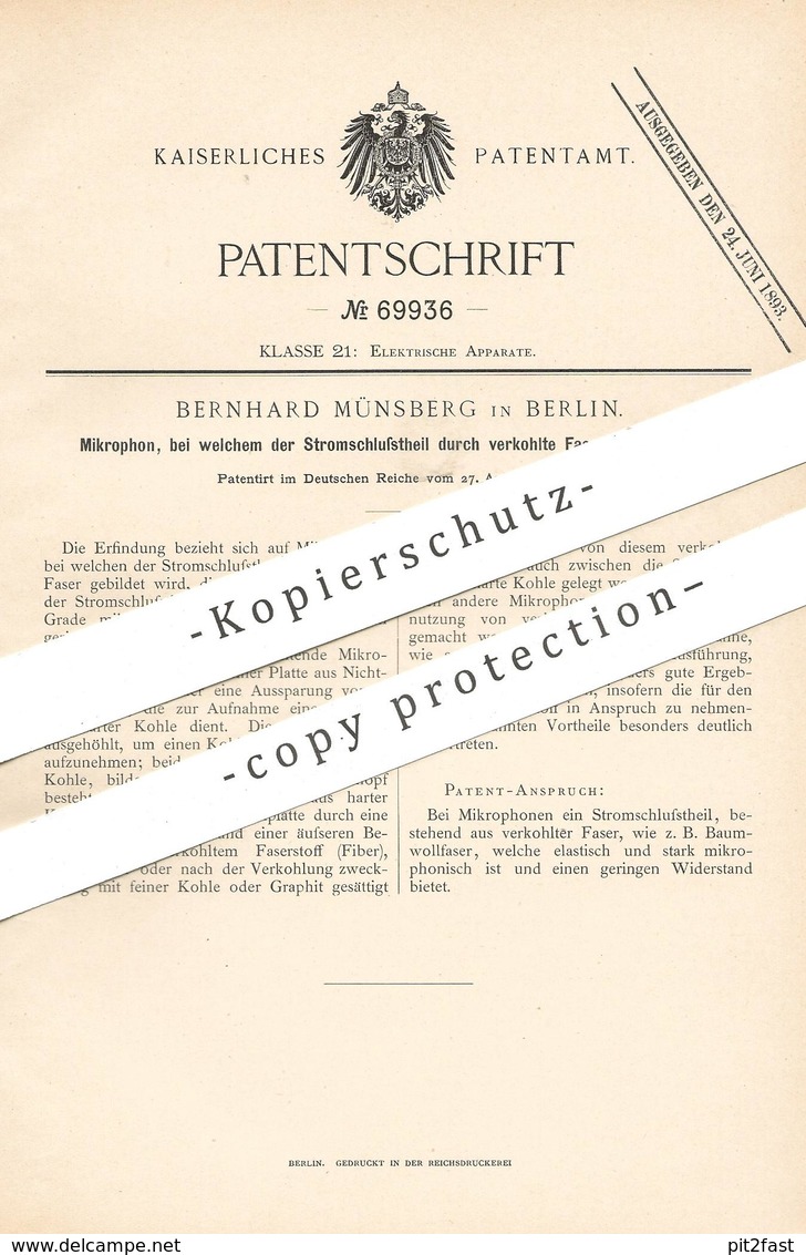 Original Patent - Bernhard Münsberg , Berlin , 1892 , Mikrophon | Mikrofon | Elektrik , Schallplatte , Strom !! - Historische Dokumente