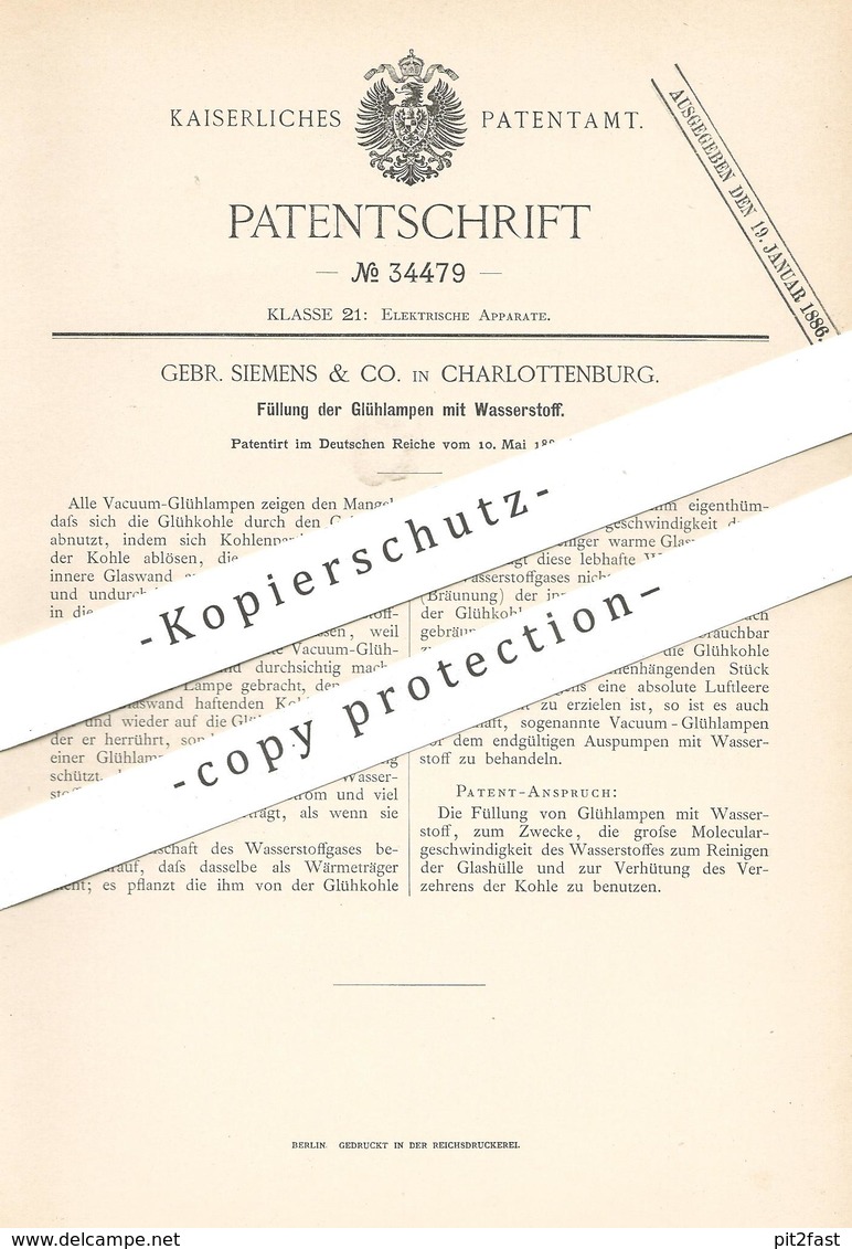 Original Patent - Gebr. Siemens & Co. , Berlin / Charlottenburg 1885 | Füllung D. Glühlampen Mit Wasserstoff | Glühlampe - Documentos Históricos