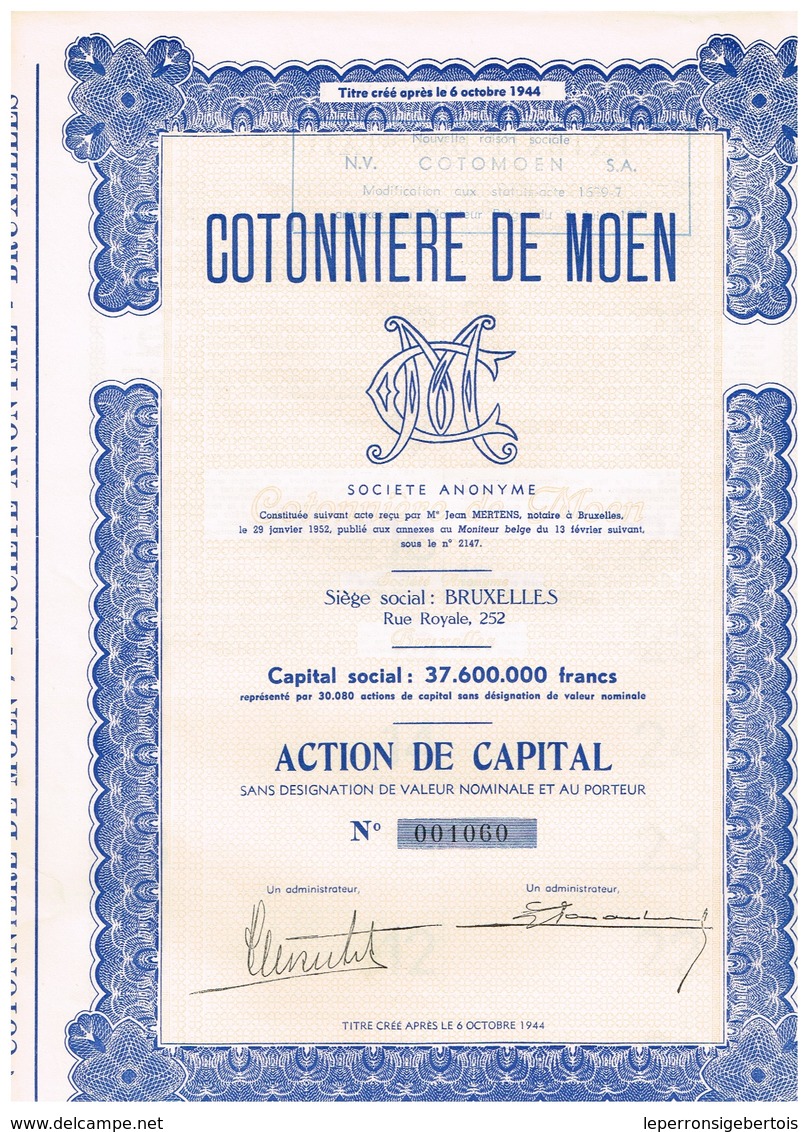 Titre Ancien - Cotonnière De Moen - Société Anonyme -Titre De 1952 - - Textile