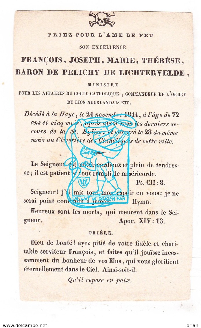 DP Adel Noblesse - Minister Advokaat François J. M. D Pelichy D Lichtervelde / D Stappens ° Brugge † Den Haag NL 1844 - Images Religieuses