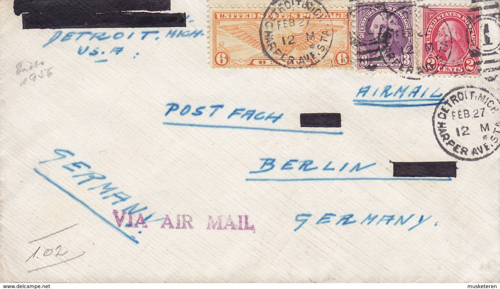 United States VIA AIR MAIL Line Cds. DETROIT Mich. HARPER AVE. ST. 1912 BERLIN Germany 3-Colour Franking - Briefe U. Dokumente