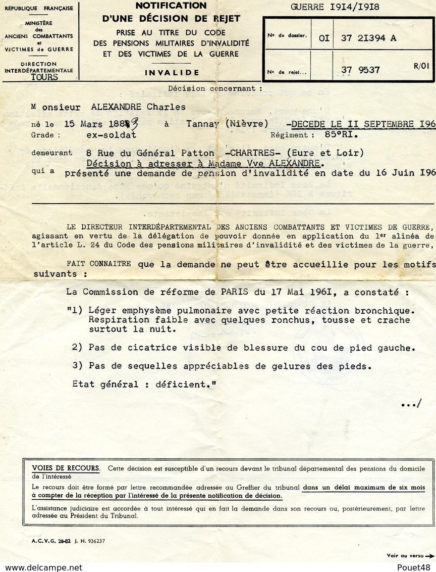 Document: Guerre 1914/1918 - Décision De Rejet Pour Un Invalide. Mr Charles ALEXANDRE Chartres. - Documentos