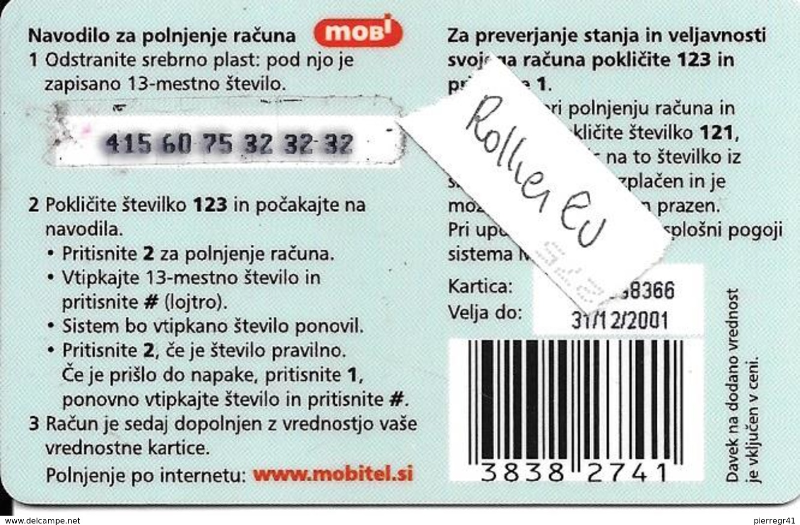 CARTE-PREPAYEE-2001-GSM-MOBITEL-SLOVENIE-2500 Sit-ROLLIER EUROPE-CORACIAS GARRULUS-TBE-RARE - Zangvogels