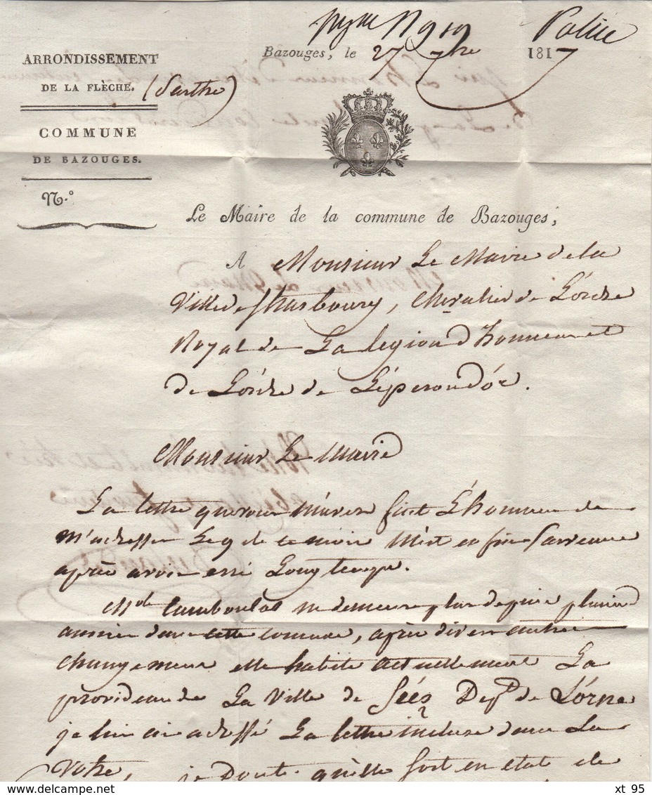 La Fleche - 71 - Sarthe - Courrier En Tete De La Mairie De Bazouges Pour Strasbourg - 1817 Marque D Arrivee Quantieme 4 - 1801-1848: Précurseurs XIX