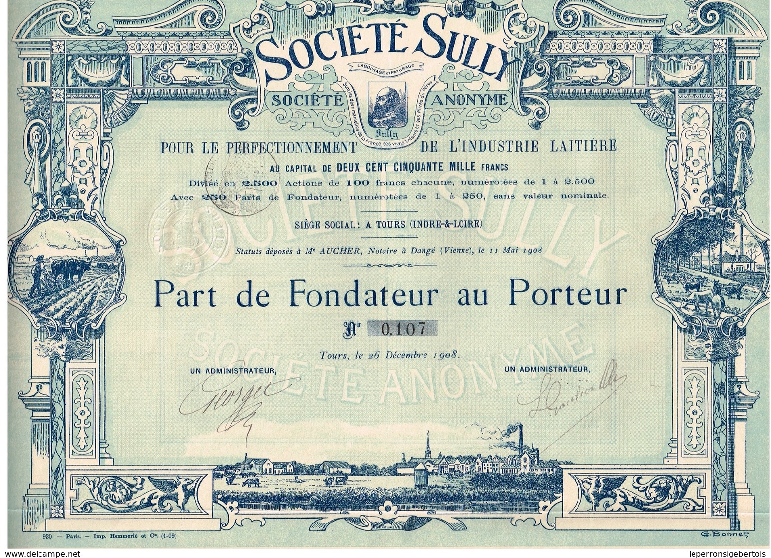 Titre Ancien -Société Sully- Société Anonyme Pour Le Perfectionnement De L'Industrie Laitière -Titre De 1908 - Déco - Landbouw